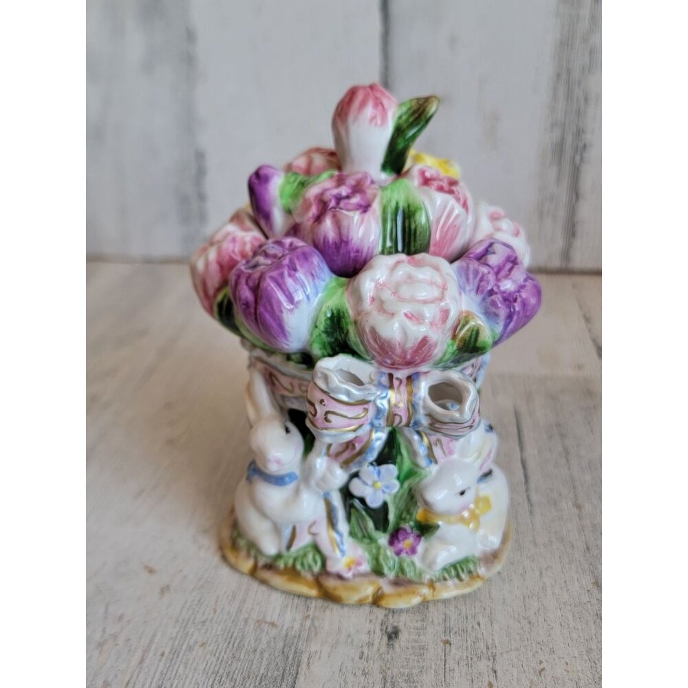Tulips bunny vintage floral sugar container tea accessory rabbit spring‎